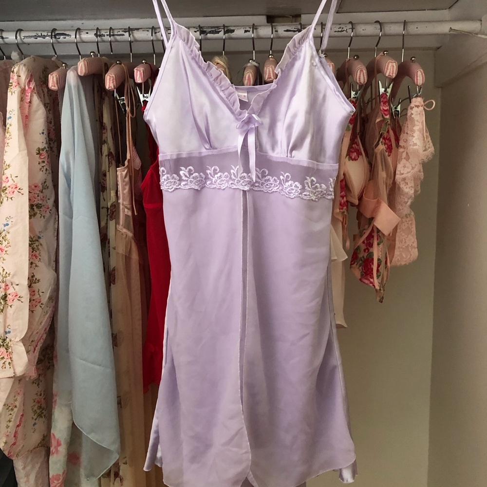 Y2K Lavender Lace-Trim Satin Mini Slip Dress